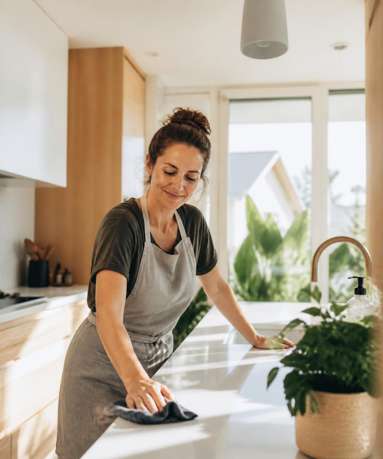 Sun City Cleaning team member wiping down a sunlit kitchen counter in Mildura
